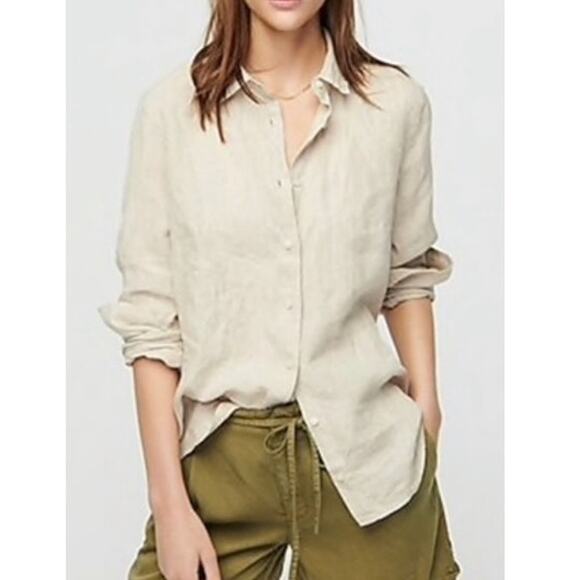 J. Crew Perfect 100% Linen Long Sleeve Collared Button-Up Shirt Beige 12 Petite - Picture 1 of 12